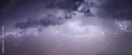 panoramic photograph of lightning crossing a cloudy sky