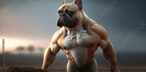 Fawn french bulldog or a frenchie dog is at the beach, Generative ai image of a pet dogs head on a bodybuilders muscular body at the beach.  photo
