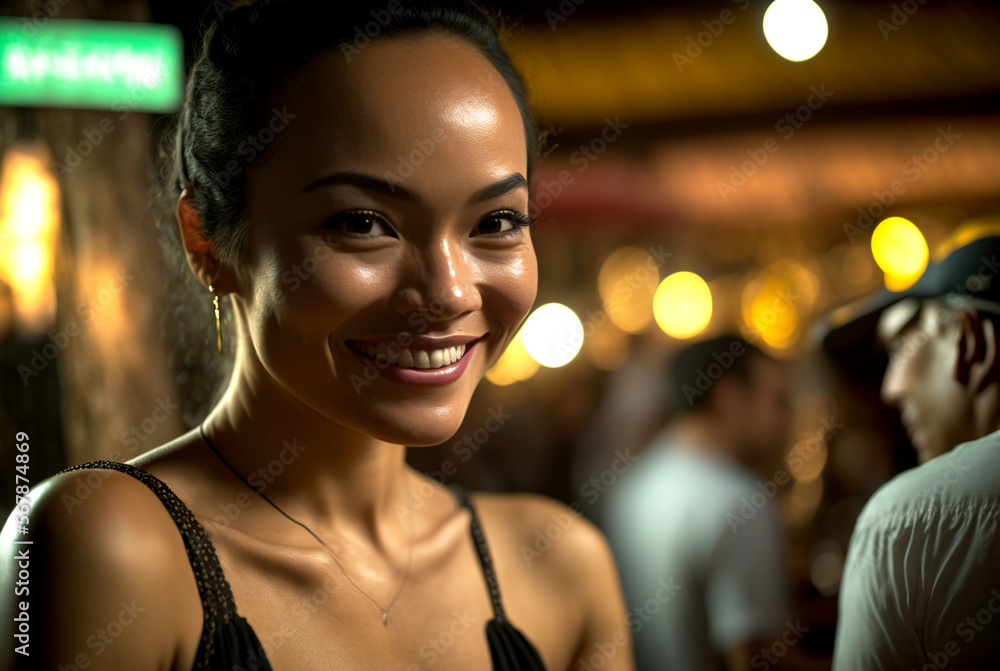 Fototapeta premium a beautiful young woman at the evening at a night market or in a club or bar or similar, smiling happy girl flirting, fictional person or place such as Thailand or Bali. Generative AI