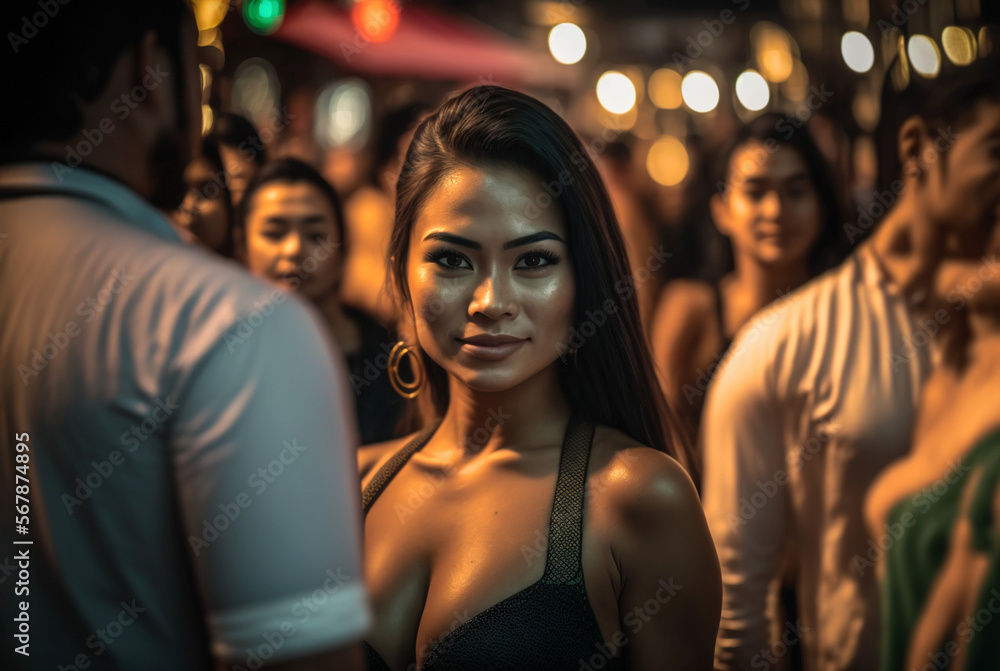 a beautiful young woman at the evening at a night market or in a club or bar or similar, smiling happy girl flirting, fictional person or place such as Thailand or Bali. Generative AI