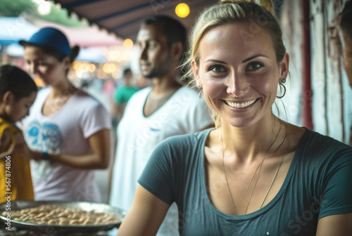 a young adult woman is on vacation and tries out street food  in a tourist side street at a local street vendor selling food and snacks. Generative AI