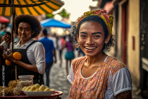 happy local street vendor street food with local food on a night market, street market in Bali or Thailand or similar, fictitious persons and place. Generative AI
