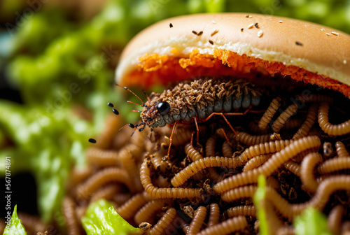 an insect beetle hamburger with green salad, burger made of beetles or meal worms, insect meal or similar, fictitious insects. Generative AI photo