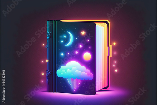 Magical, Colorful Neon Illuminated Journal, Grimoire Generative AI photo