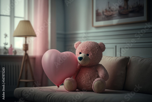 pink pastel color teddy bear at home with a heart shaped balloon. Generative AI