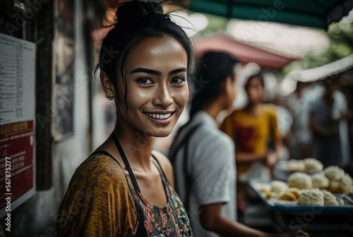 happy local street vendor street food with local food on a night market, street market in Bali or Thailand or similar, fictitious persons and place. Generative AI