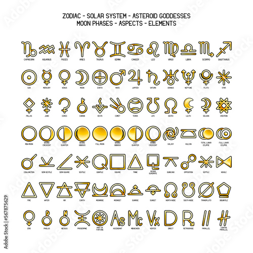 Zodiac, astrology elements, solar system, moon phases horoscope thin line label linear design esoteric stylized elements symbols signs. Vector illustration icons