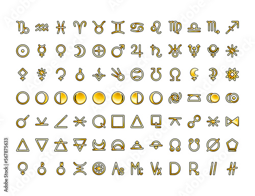Zodiac, astrology elements, solar system, moon phases horoscope thin line label linear design esoteric stylized elements symbols signs. Vector illustration icons