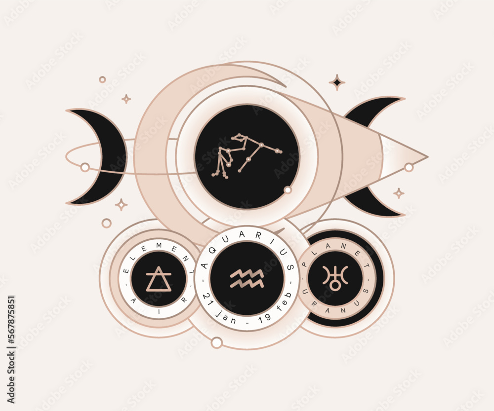 Obraz premium AQUARIUS zodiac horoscope constellation astrology label with element, planet icon glyph. Thin line sign symbol art design vector illustration