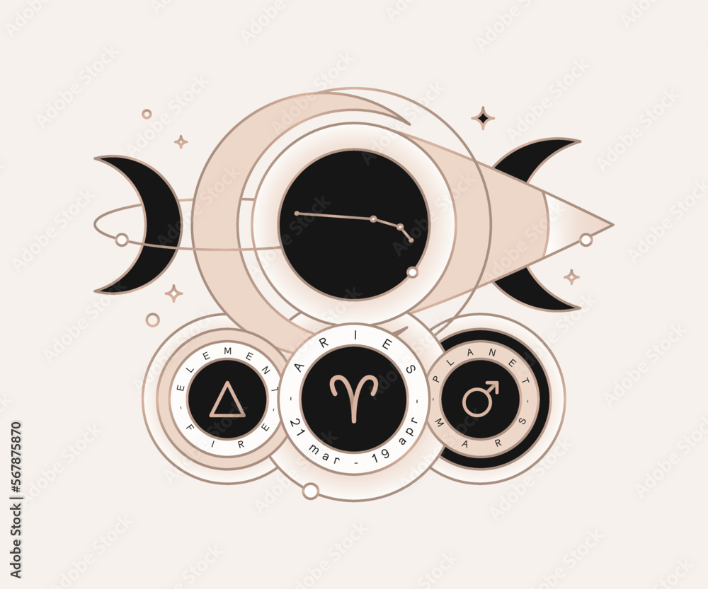 Fototapeta premium ARIES zodiac horoscope constellation astrology label with element, planet icon glyph. Thin line sign symbol art design vector illustration