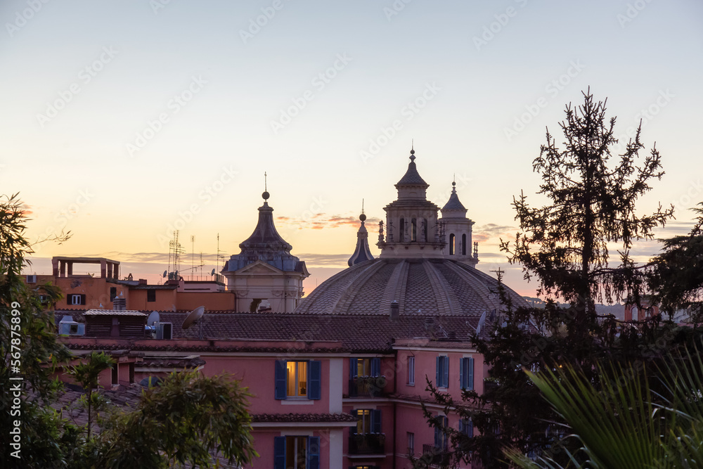 Ancient Historic City in Europe. Rome, Italy. Colorful Sunset Sky.