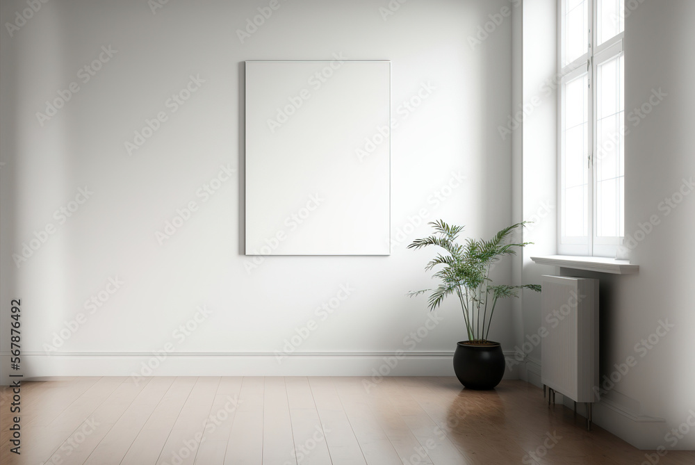 A spacious, bright, minimalist room with a blank frame for a painting. Ai generated. A spacious, bright, minimalist room with a blank frame for a painting. Ai generated.