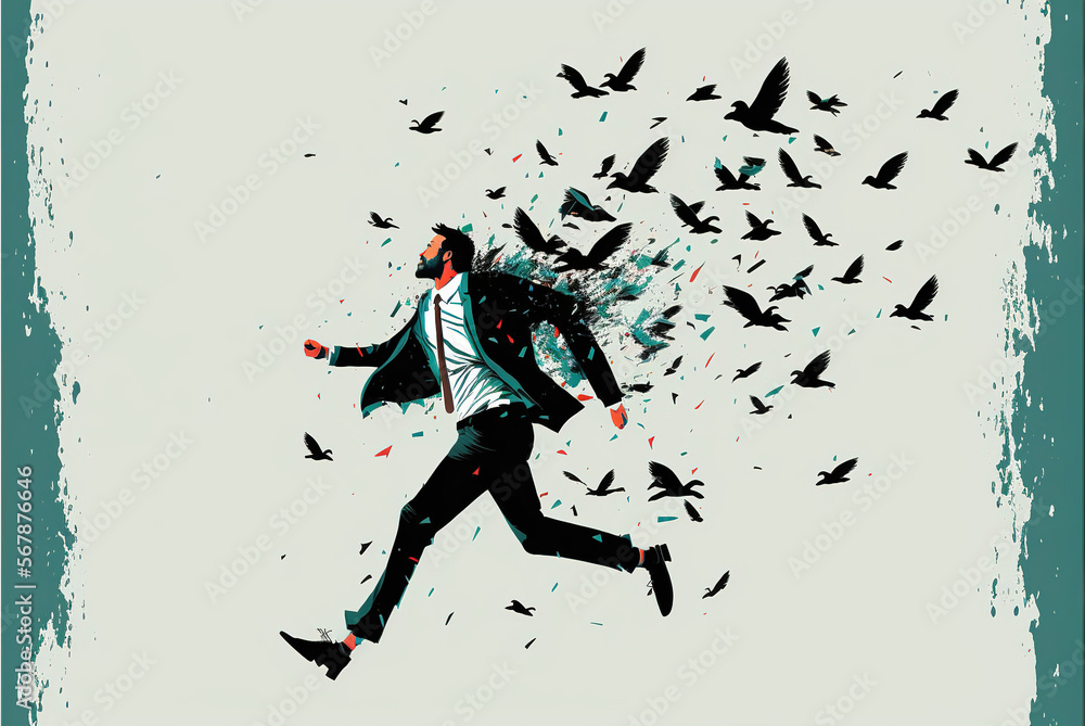 Conceptual illustration of a businessman surrounded by birds. Ai generated Conceptual illustration of a businessman surrounded by birds. Ai generated