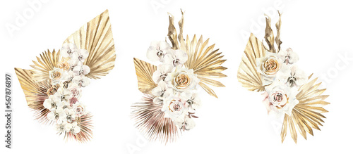 Watercolor boho dried flowers bouquet, illustration set.Composition with leaves, flowers, palm, pampas, roses,orchid. Bohemian modern wedding frames,wreath, greeting card , invitation, stationery, diy