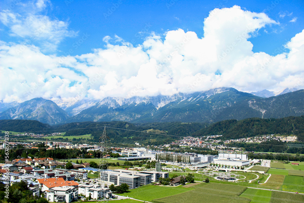 View from above of Innsbruck city with alpes mountain, Austria
