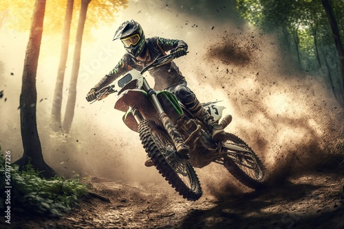 Extreme Motocross MX Rider riding on dirt track ,forest one the background ,Generative ai