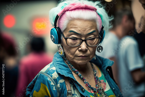 Portrait of a senior woman in youth clothes listening to music on headphones on the street. Ai generated