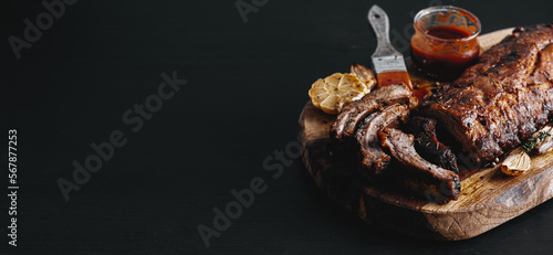 Картината върху платно American cuisine concept.Close up of spicy grilled spare ribs