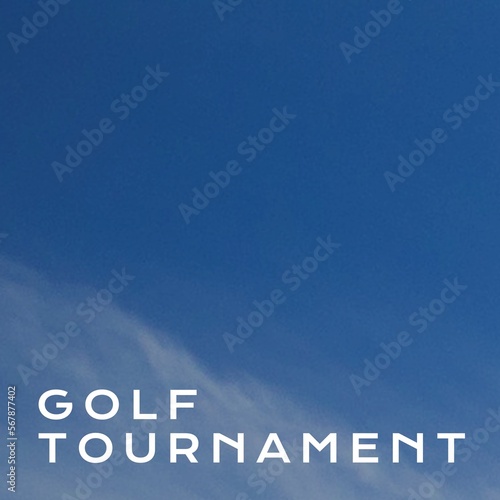 Square image of golf tournament over sky in background with copy space