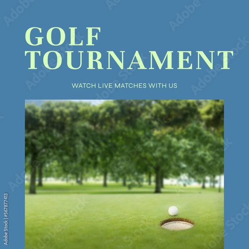 Square image of golf tournament with blurred landscape and blue frame