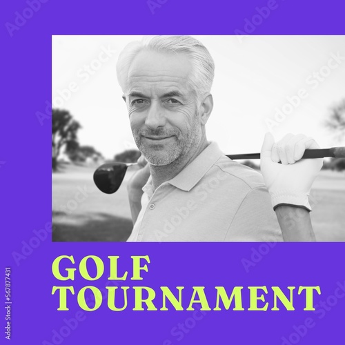 Square image of golf tournament with caucasian senior male player and violet frame