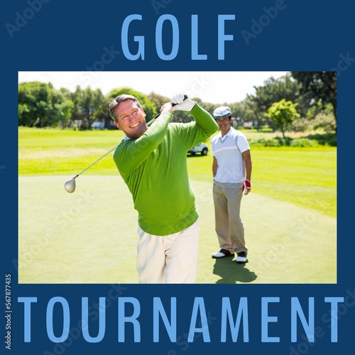Square image of golf tournament with happy caucasian male players and navy frame