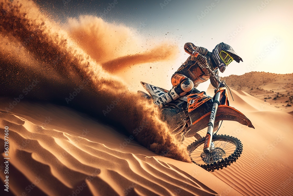Extreme Motocross MX Rider riding on Sand track , desert on the background , Generative ai - obrazy, fototapety, plakaty 