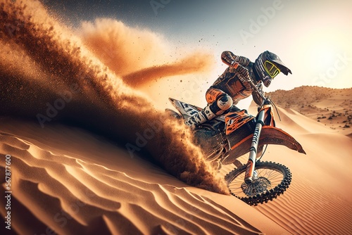 Photo Extreme Motocross MX Rider riding on Sand track , desert on the background , Gen