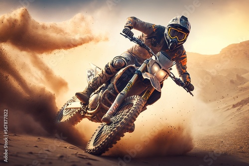 Extreme Motocross MX Rider riding on Sand track , desert on the background , Generative ai	 photo