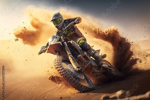 Extreme Motocross MX Rider riding on Sand track , desert on the background , Generative ai 