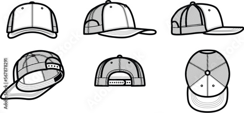 6-Panel Trucker Snapback Line Work Mock-Ups (vector)