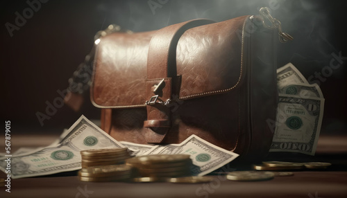 Vintage leather bag or suitcase with money. The concept of illegal bribes, robbery, dene theft and financial fraud. Generative AI photo