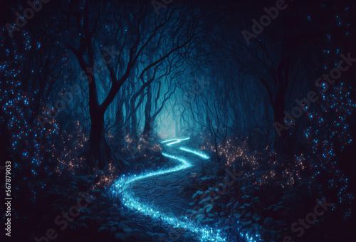 Glowing path through a woodland forest. Guidance and direction. Generative ai