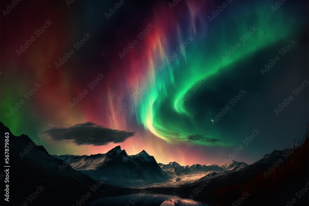 vivid colored aurora in dark sky landscape illustration, great for posters, travel background.