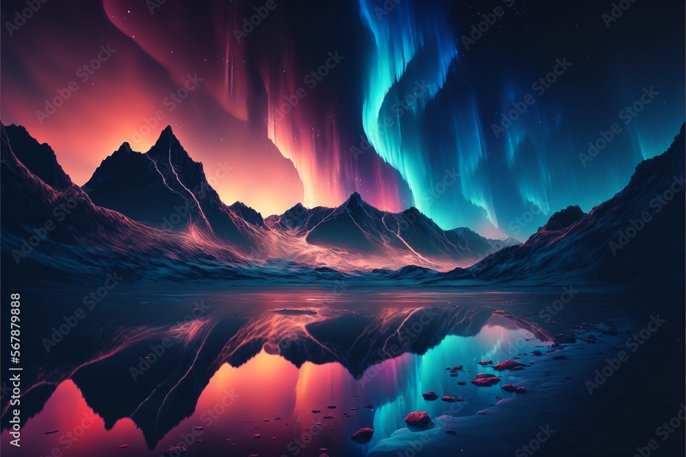 vivid colored aurora in dark sky landscape illustration, great for posters, travel background.