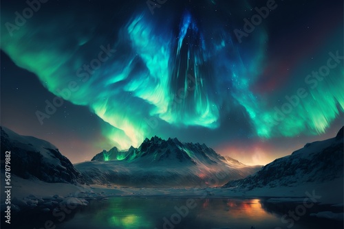 vivid green colored aurora in dark sky landscape illustration, great for posters, travel background.