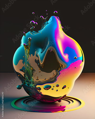 Chromatic and amorphic quicksilver splash dances against the dark background, creating a stark contrast of light and dark., iridescent color drop, Generative AI Illustration  photo