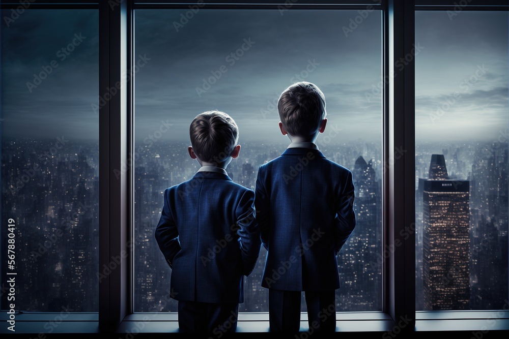 Fototapeta premium Children in a classy suit looking over the city at night, Generative AI