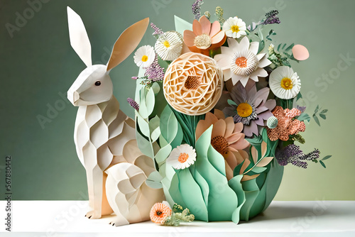 Easter bunny with floral arrangement springtime paper sculpture created with Generative AI