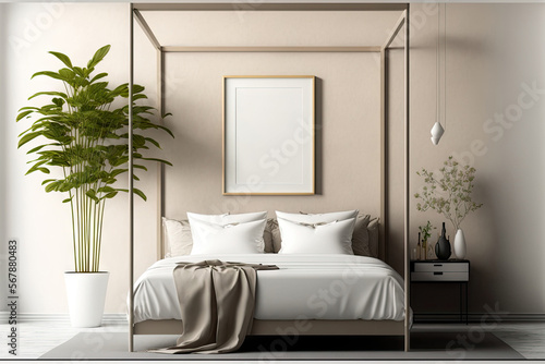 Mockup four poster frames on the beige wall in bedroom with cozy bed and plant, , 3d illustration. Generative AI
