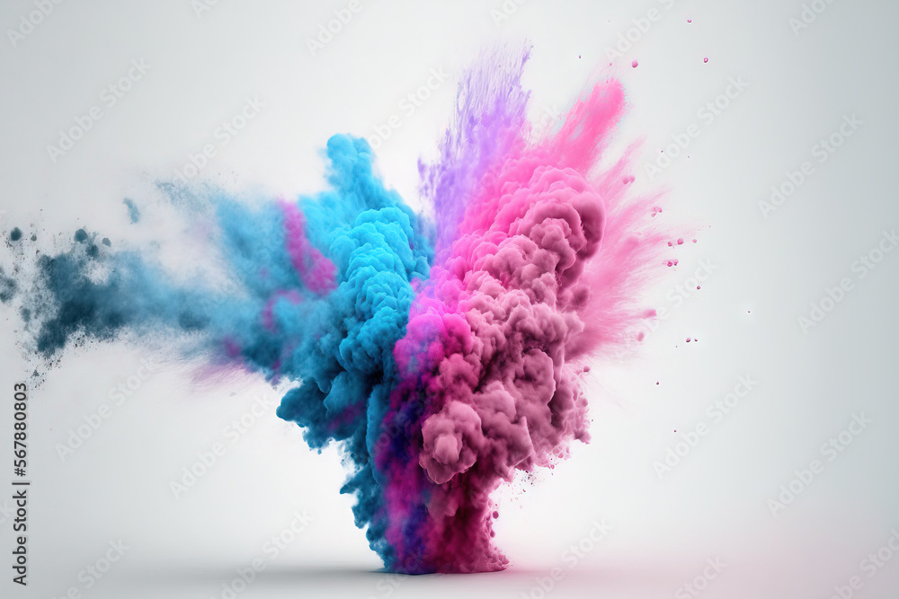 pink and blue powder exploding on a white background. Exploding color powder in slow motion. Generative AI