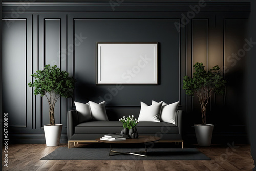Dark  exquisite living room interior mockup with an empty  dark wall in the background. Wooden floor  simple moldings  and a room. mock up for an illustration. Generative AI