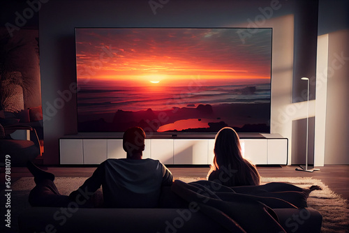 Couple watching TV at dawn. generative AI