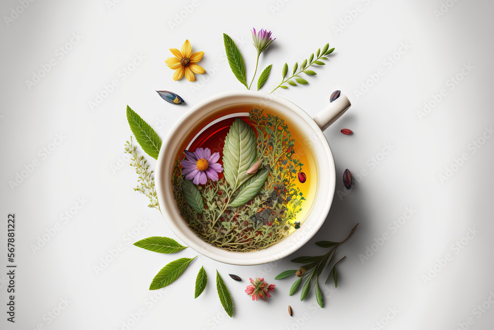 A cup of herbal tea is artistically arranged against a white background. looking up. Generative AI - obrazy, fototapety, plakaty 