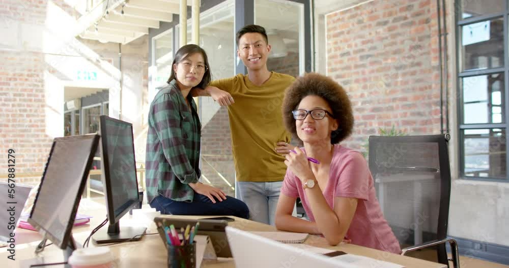 Group portrait of happy diverse male and female colleagues smiling in casual office, slow motion Group portrait of happy diverse male and female colleagues smiling in casual office, slow motion