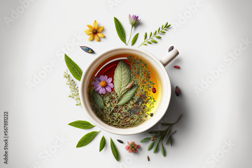 A cup of herbal tea is artistically arranged against a white background. looking up. Generative AI