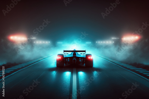 Racing finish line on asphalt with blue lamps illuminating the fog. electronic sports. Generative AI