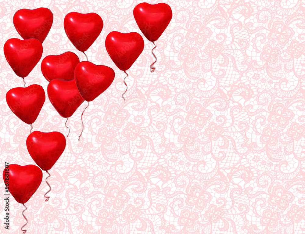 red heart shaped balloons flying. Gradient red lace background with ...