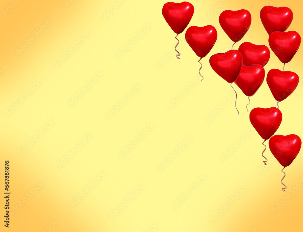 red heart shaped balloons flying.  yellow gradient background - Cheerful design for love messages, wedding invitations, Valentine's Day party, posters, banners, slides