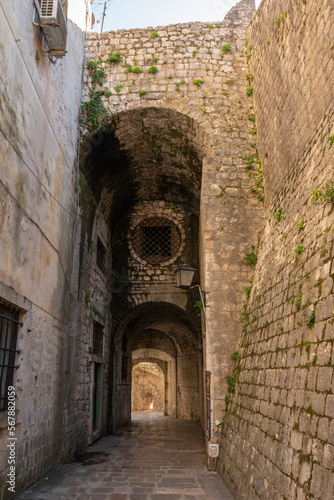 Ancient covered walkway in the Old Town Kotor, Montenegro photo